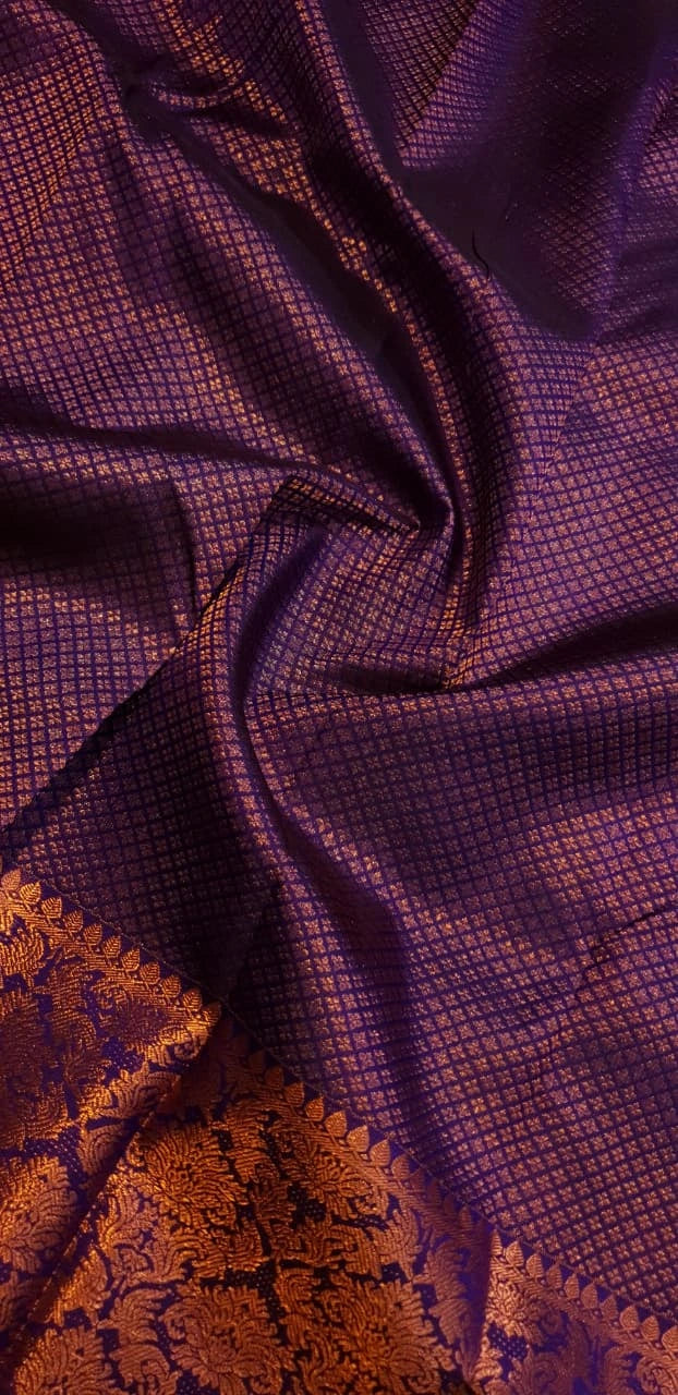 2G Pure Kanjivaram Silk Saree in Navy Blue with Fine Gold Zari Checks & Rich Floral Zari Border | Silkmark Certified