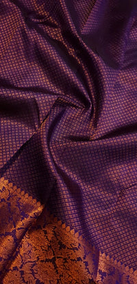 2G Pure Kanjivaram Silk Saree in Navy Blue with Fine Gold Zari Checks & Rich Floral Zari Border | Silkmark Certified