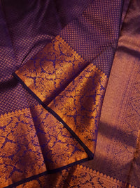 2G Pure Kanjivaram Silk Saree in Navy Blue with Fine Gold Zari Checks & Rich Floral Zari Border | Silkmark Certified