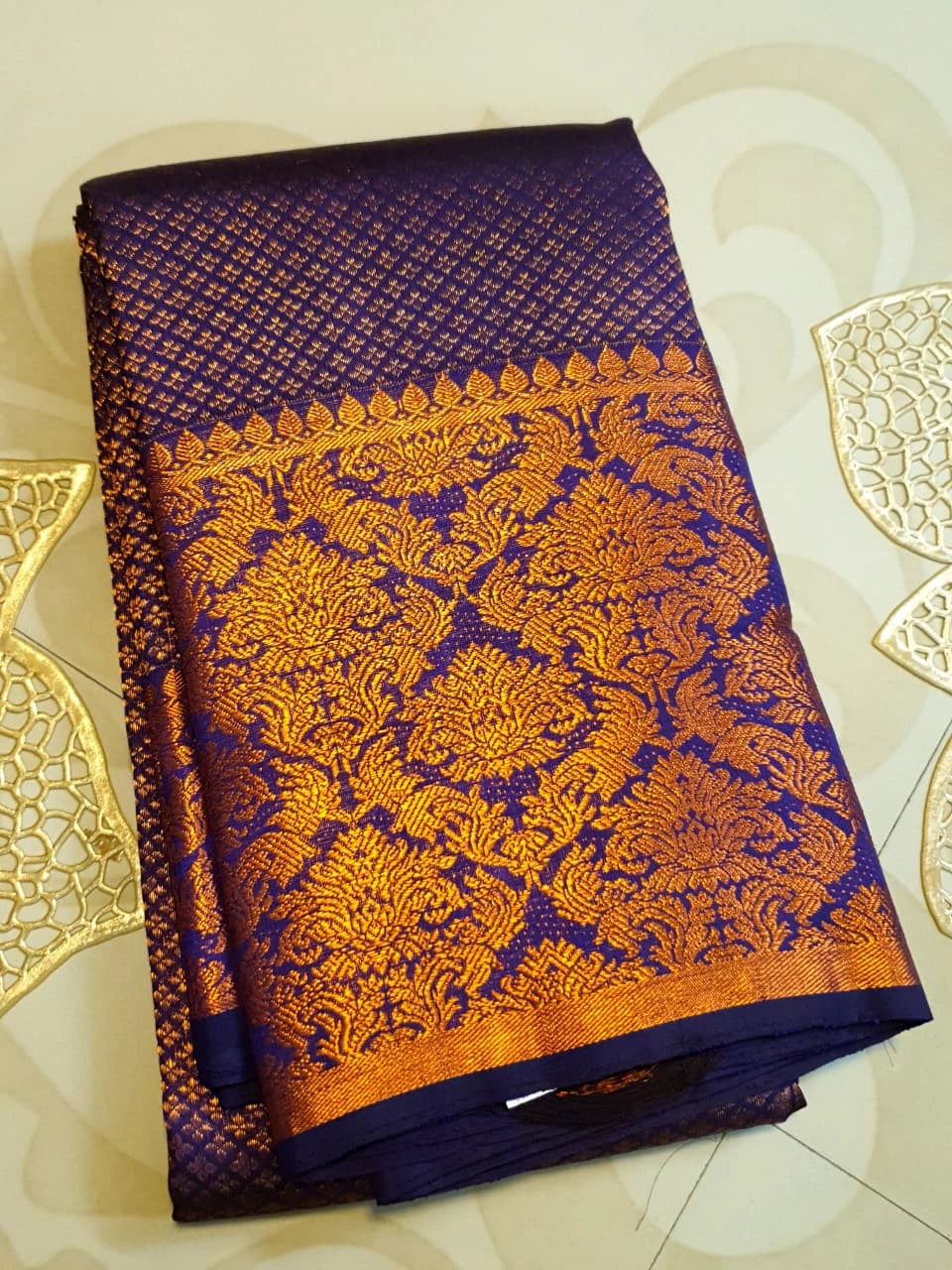 2G Pure Kanjivaram Silk Saree in Navy Blue with Fine Gold Zari Checks & Rich Floral Zari Border | Silkmark Certified
