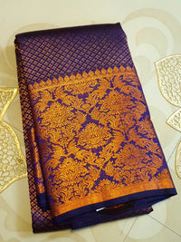 2G Pure Kanjivaram Silk Saree in Navy Blue with Fine Gold Zari Checks & Rich Floral Zari Border | Silkmark Certified