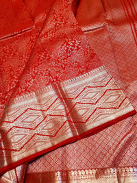 2G Pure Kanjivaram Silk Saree in Bright Red with All-Over Floral Zari Weave & Rich Silver Zari Border | Silkmark Certified