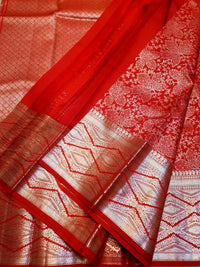 2G Pure Kanjivaram Silk Saree in Bright Red with All-Over Floral Zari Weave & Rich Silver Zari Border | Silkmark Certified