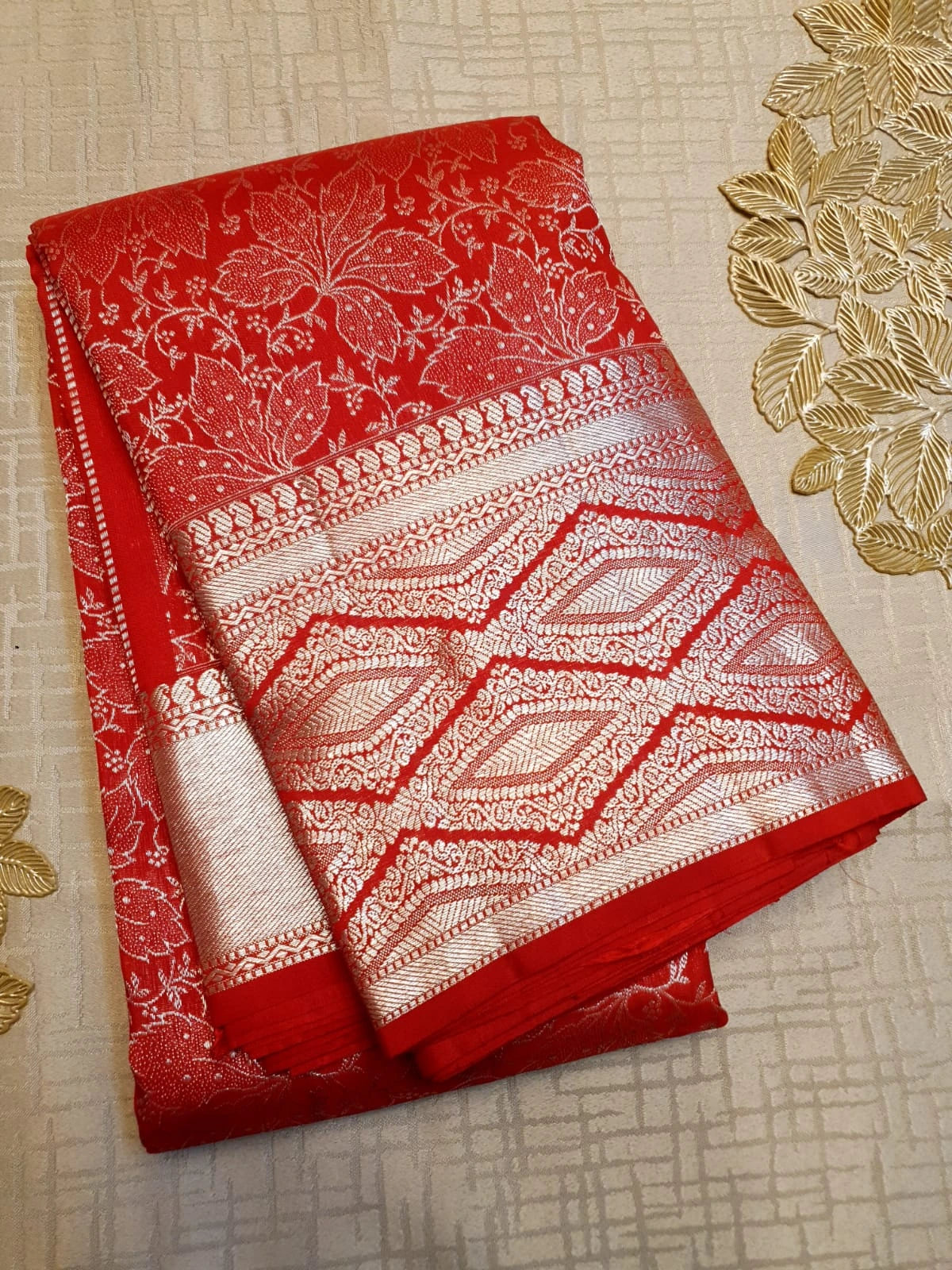 2G Pure Kanjivaram Silk Saree in Bright Red with All-Over Floral Zari Weave & Rich Silver Zari Border | Silkmark Certified
