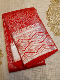 2G Pure Kanjivaram Silk Saree in Bright Red with All-Over Floral Zari Weave & Rich Silver Zari Border | Silkmark Certified