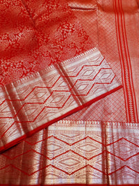 2G Pure Kanjivaram Silk Saree in Bright Red with All-Over Floral Zari Weave & Rich Silver Zari Border | Silkmark Certified