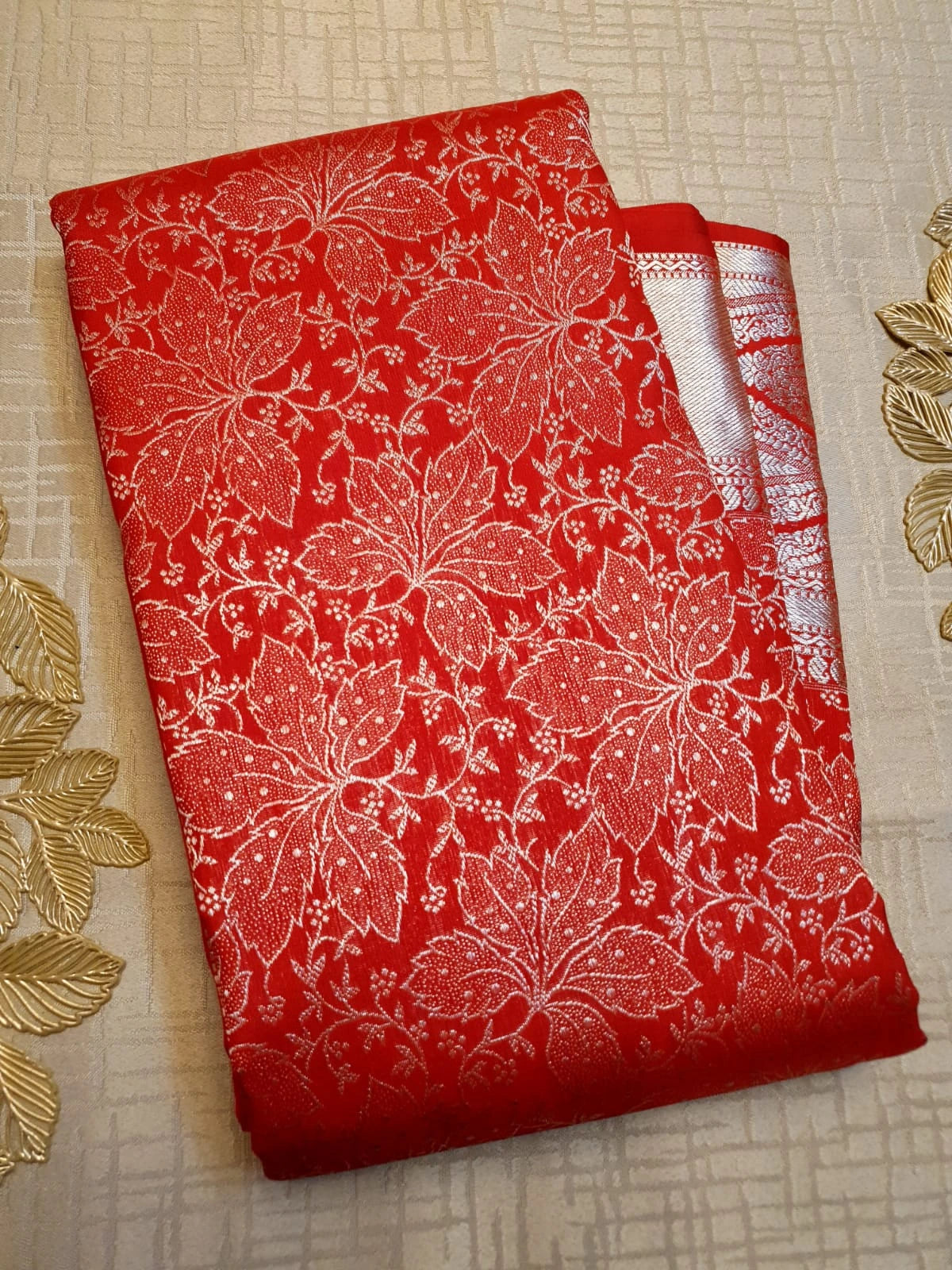 2G Pure Kanjivaram Silk Saree in Bright Red with All-Over Floral Zari Weave & Rich Silver Zari Border | Silkmark Certified