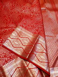 2G Pure Kanjivaram Silk Saree in Bright Red with All-Over Floral Zari Weave & Rich Silver Zari Border | Silkmark Certified