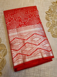 2G Pure Kanjivaram Silk Saree in Bright Red with All-Over Floral Zari Weave & Rich Silver Zari Border | Silkmark Certified