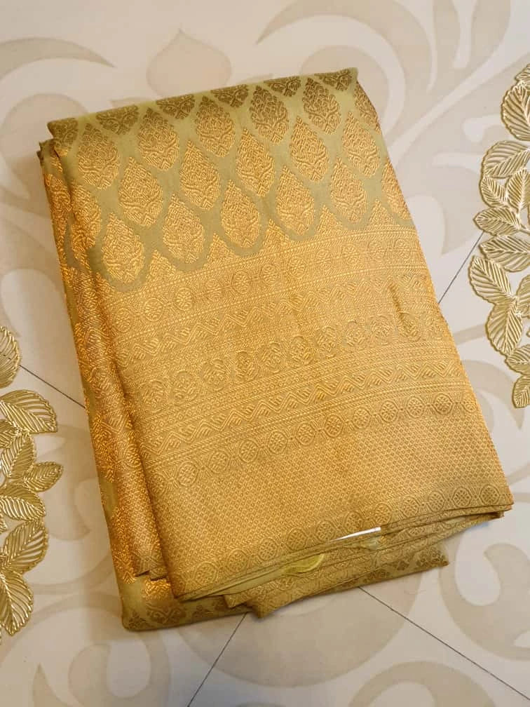 2G Pure Kanjivaram Silk Saree in Golden Beige with All-Over Gold Zari Floral Buttas & Rich Zari Border | Silkmark Certified
