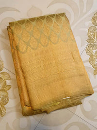 2G Pure Kanjivaram Silk Saree in Golden Beige with All-Over Gold Zari Floral Buttas & Rich Zari Border | Silkmark Certified