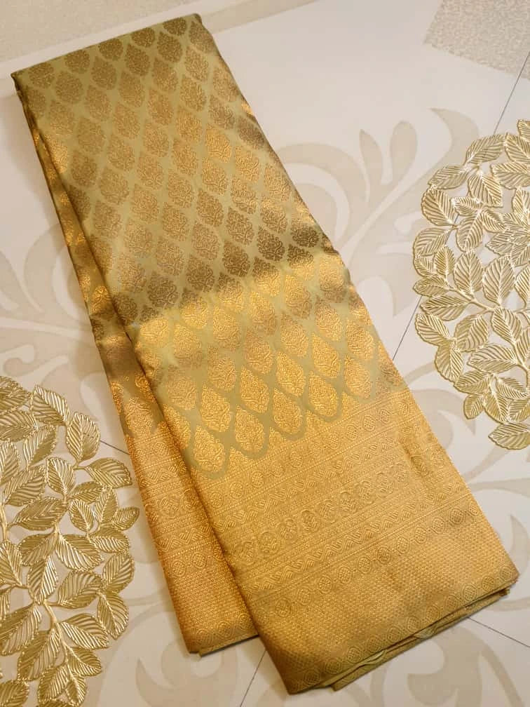2G Pure Kanjivaram Silk Saree in Golden Beige with All-Over Gold Zari Floral Buttas & Rich Zari Border | Silkmark Certified