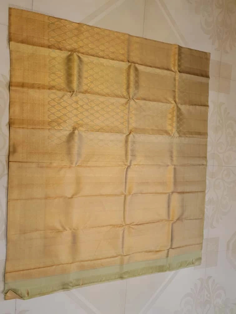 2G Pure Kanjivaram Silk Saree in Golden Beige with All-Over Gold Zari Floral Buttas & Rich Zari Border | Silkmark Certified