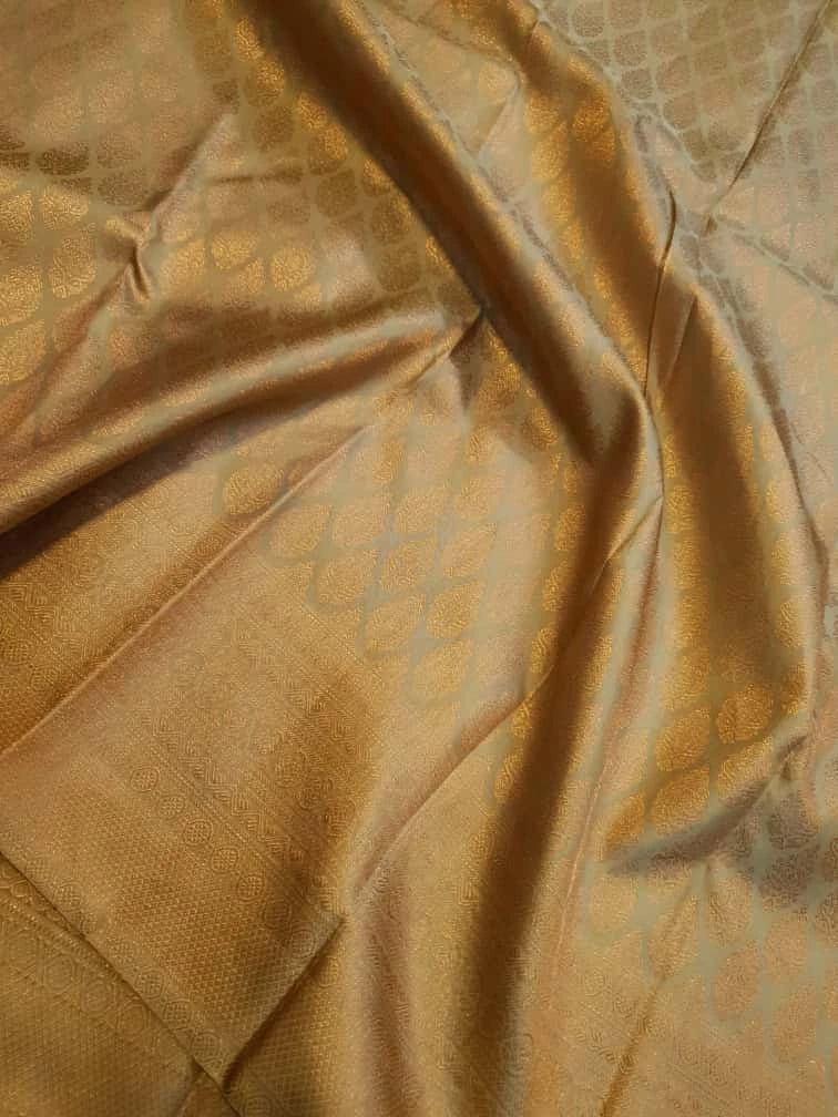 2G Pure Kanjivaram Silk Saree in Golden Beige with All-Over Gold Zari Floral Buttas & Rich Zari Border | Silkmark Certified