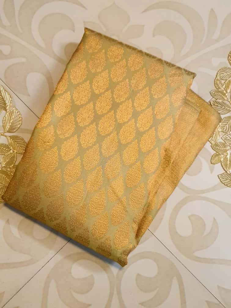2G Pure Kanjivaram Silk Saree in Golden Beige with All-Over Gold Zari Floral Buttas & Rich Zari Border | Silkmark Certified
