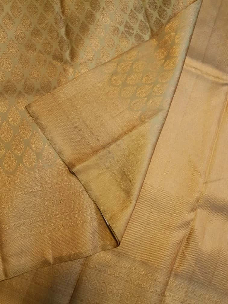 2G Pure Kanjivaram Silk Saree in Golden Beige with All-Over Gold Zari Floral Buttas & Rich Zari Border | Silkmark Certified