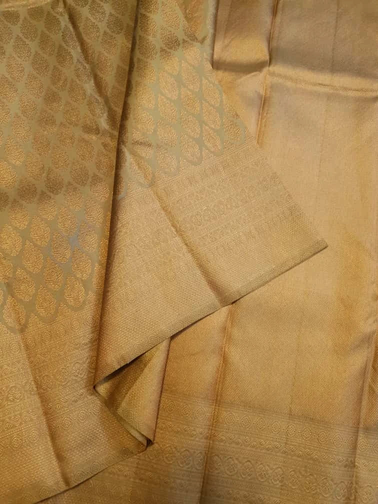 2G Pure Kanjivaram Silk Saree in Golden Beige with All-Over Gold Zari Floral Buttas & Rich Zari Border | Silkmark Certified