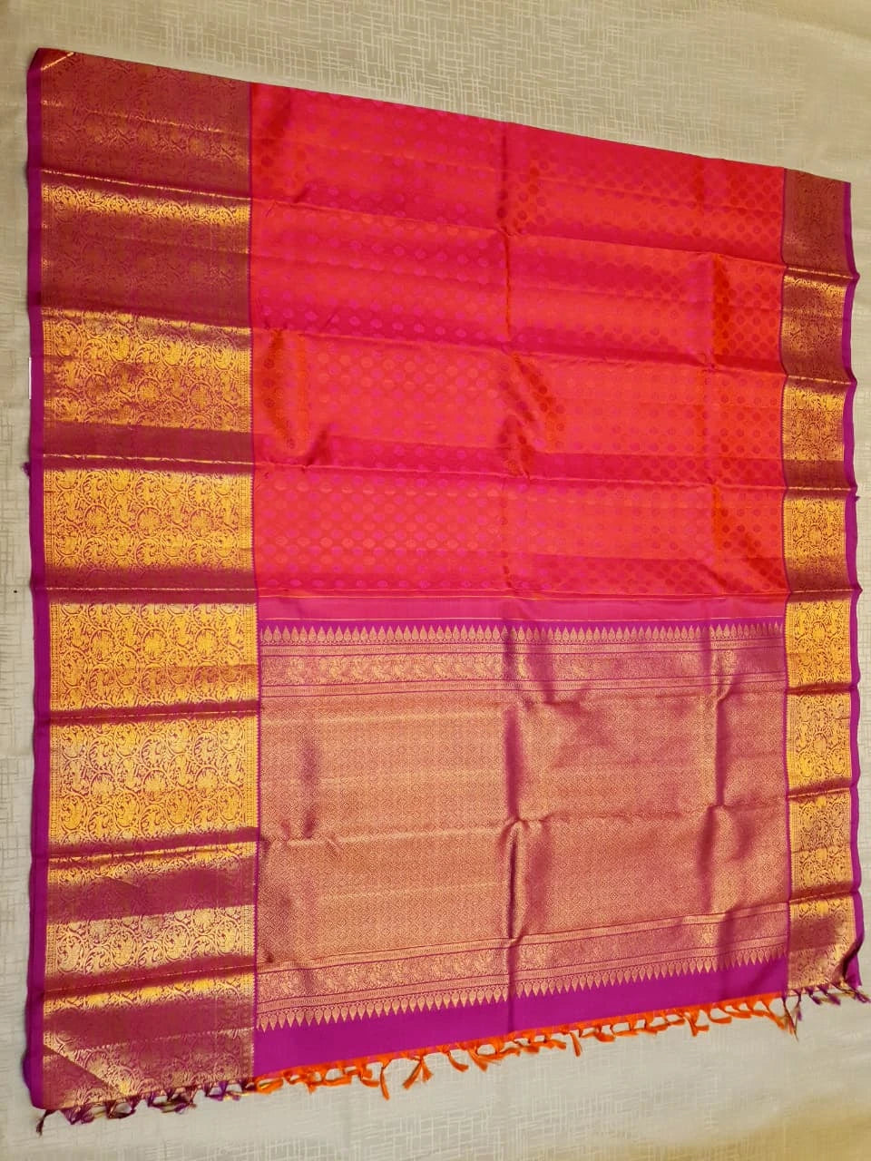 2G Pure Kanjivaram Silk Saree in Bright Coral Pink with Multicolour Floral Buttas & Rich Gold Zari Border | Silkmark Certified