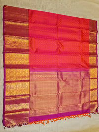 2G Pure Kanjivaram Silk Saree in Bright Coral Pink with Multicolour Floral Buttas & Rich Gold Zari Border | Silkmark Certified