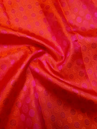 2G Pure Kanjivaram Silk Saree in Bright Coral Pink with Multicolour Floral Buttas & Rich Gold Zari Border | Silkmark Certified