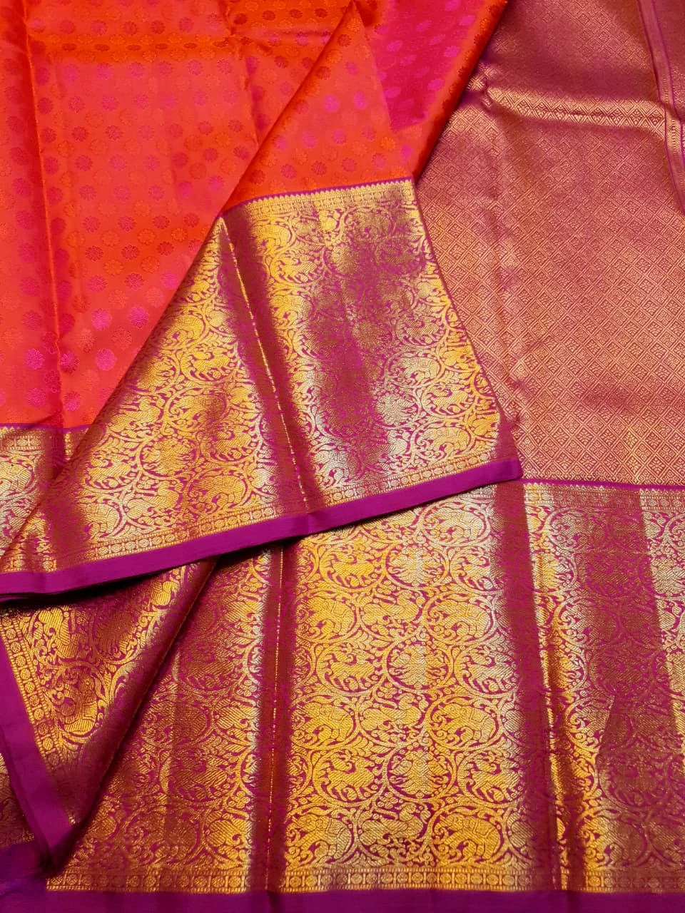 2G Pure Kanjivaram Silk Saree in Bright Coral Pink with Multicolour Floral Buttas & Rich Gold Zari Border | Silkmark Certified