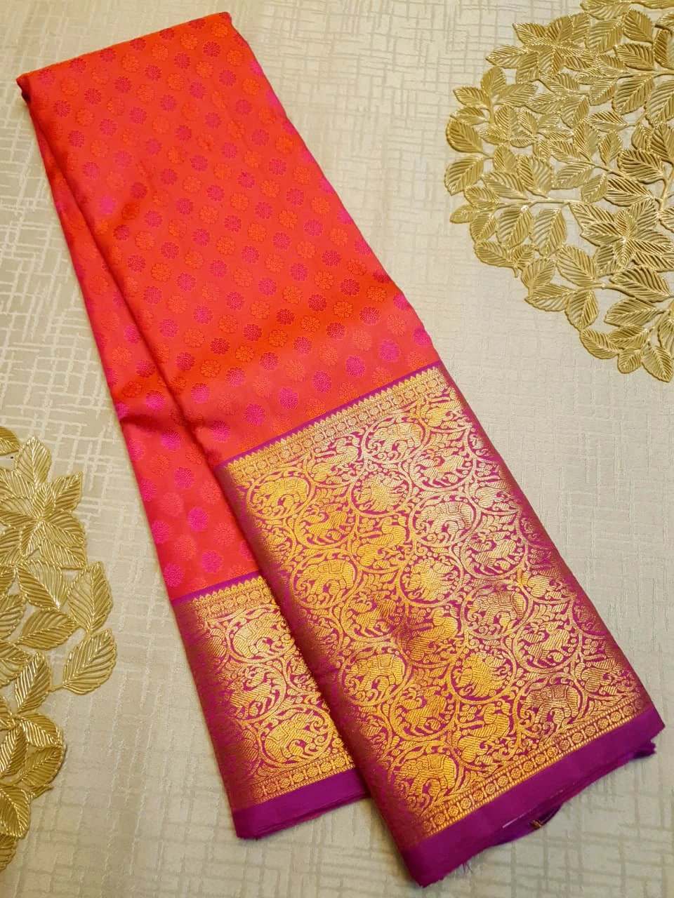 2G Pure Kanjivaram Silk Saree in Bright Coral Pink with Multicolour Floral Buttas & Rich Gold Zari Border | Silkmark Certified