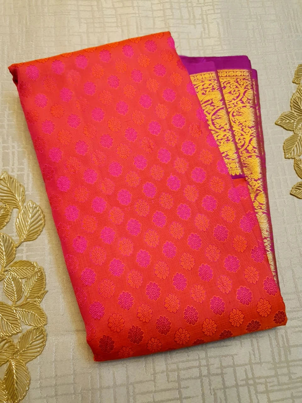 2G Pure Kanjivaram Silk Saree in Bright Coral Pink with Multicolour Floral Buttas & Rich Gold Zari Border | Silkmark Certified