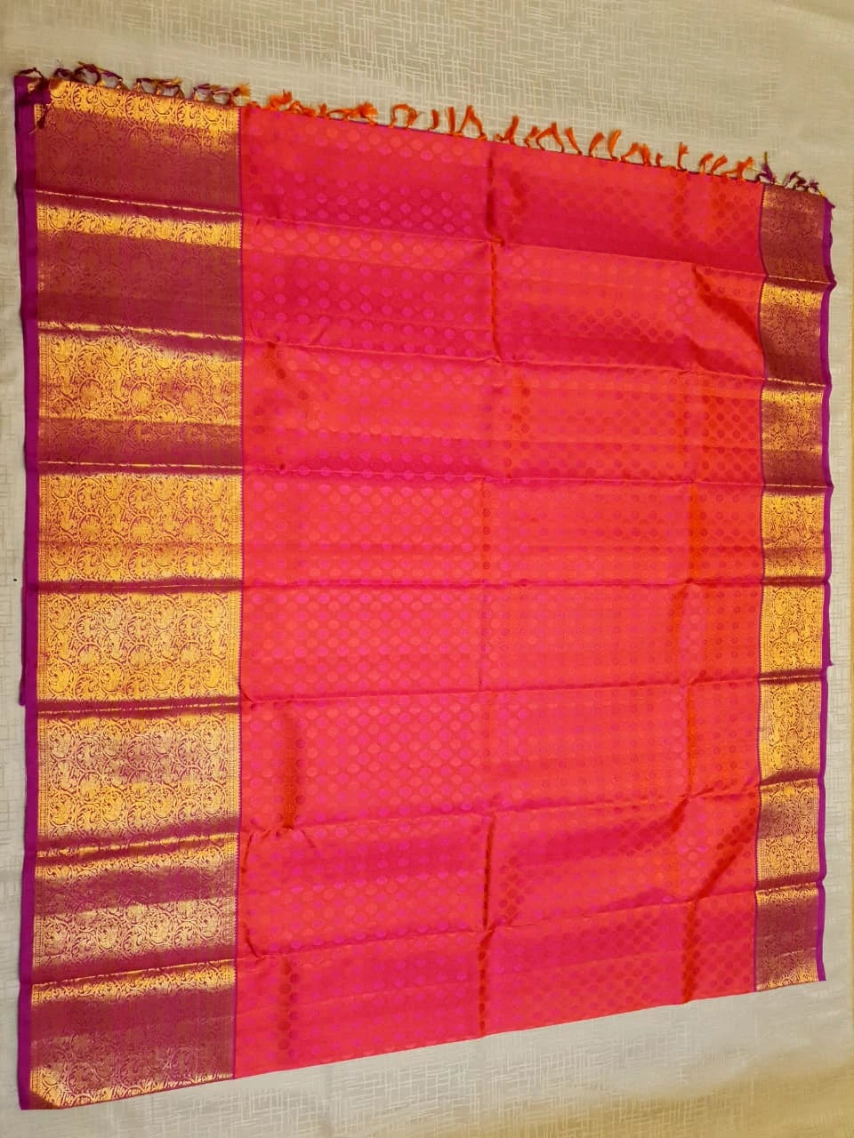 2G Pure Kanjivaram Silk Saree in Bright Coral Pink with Multicolour Floral Buttas & Rich Gold Zari Border | Silkmark Certified