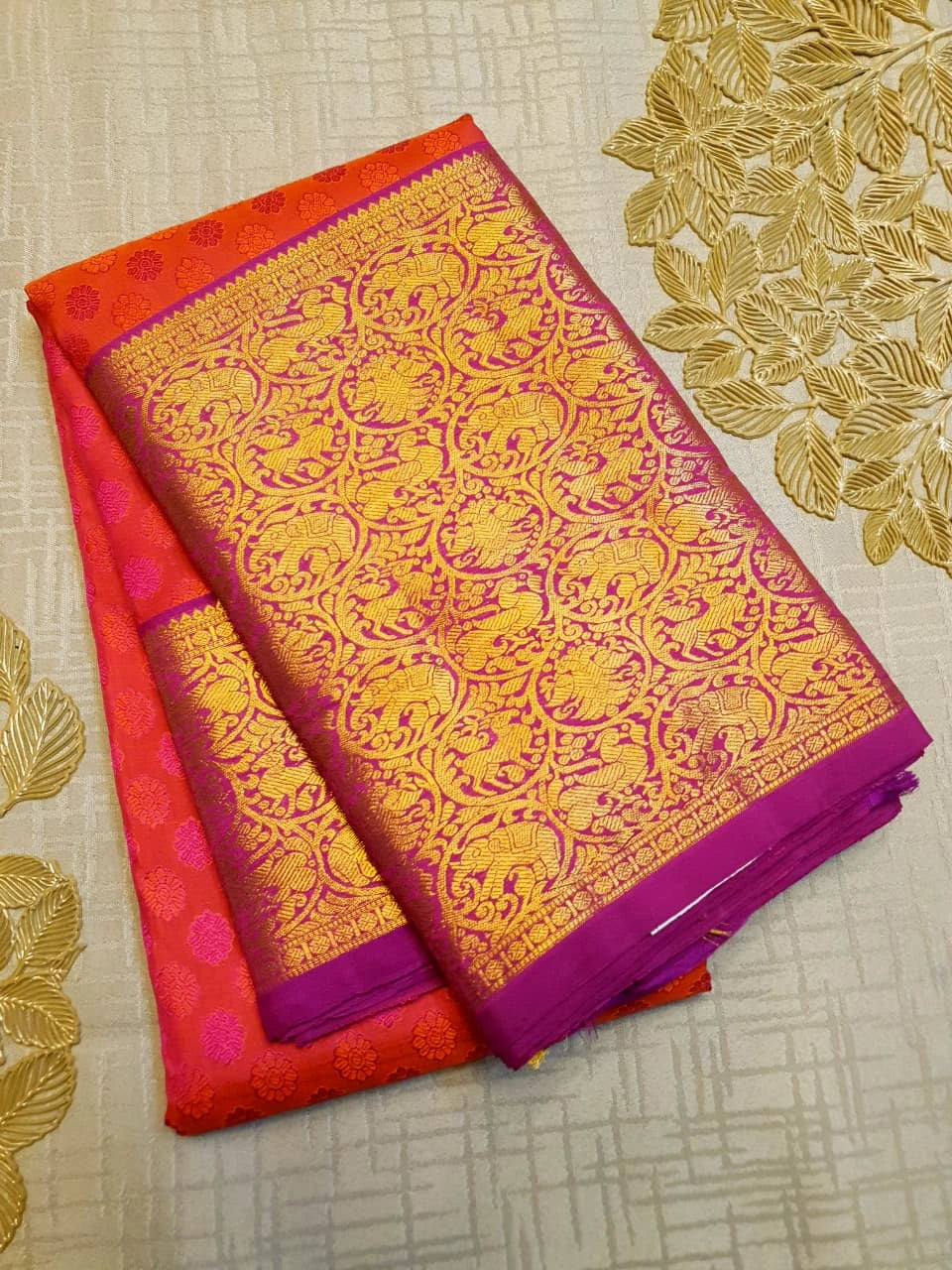 2G Pure Kanjivaram Silk Saree in Bright Coral Pink with Multicolour Floral Buttas & Rich Gold Zari Border | Silkmark Certified