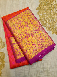 2G Pure Kanjivaram Silk Saree in Bright Coral Pink with Multicolour Floral Buttas & Rich Gold Zari Border | Silkmark Certified