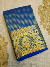 2G Pure Kanjivaram Silk Saree in Royal Blue with Gold Zari Buttas & Rich Floral Zari Border | Silkmark Certified
