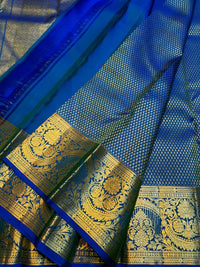 2G Pure Kanjivaram Silk Saree in Royal Blue with Gold Zari Buttas & Rich Floral Zari Border | Silkmark Certified