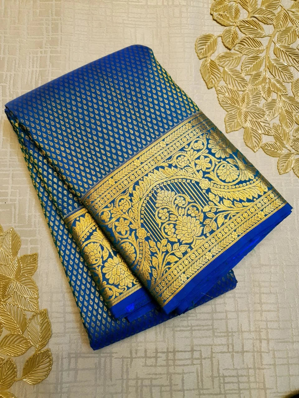 2G Pure Kanjivaram Silk Saree in Royal Blue with Gold Zari Buttas & Rich Floral Zari Border | Silkmark Certified