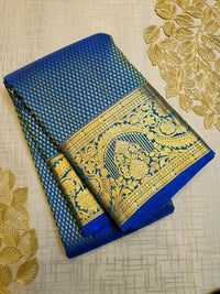 2G Pure Kanjivaram Silk Saree in Royal Blue with Gold Zari Buttas & Rich Floral Zari Border | Silkmark Certified