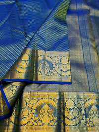 2G Pure Kanjivaram Silk Saree in Royal Blue with Gold Zari Buttas & Rich Floral Zari Border | Silkmark Certified