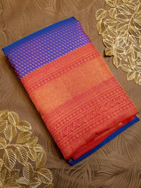 2G Pure Kanjivaram Silk Saree in Royal Blue with Fine Gold Zari Buttas & Contrast Red Zari Border | Silkmark Certified