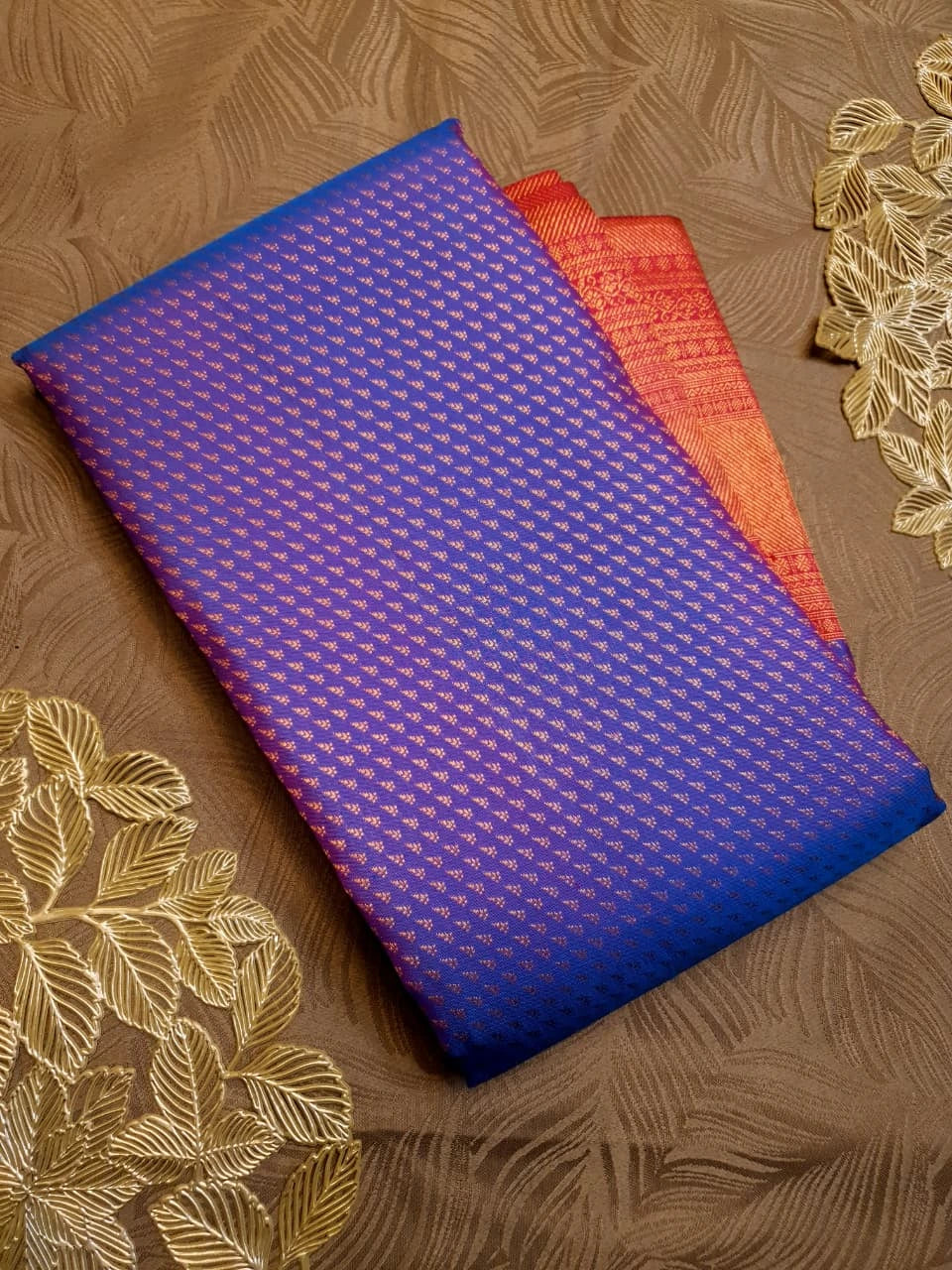 2G Pure Kanjivaram Silk Saree in Royal Blue with Fine Gold Zari Buttas & Contrast Red Zari Border | Silkmark Certified
