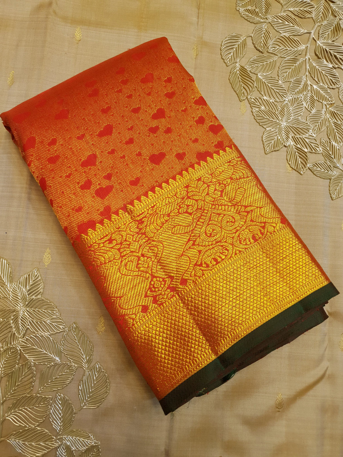 2G Pure Kanjivaram Silk Saree in Bright Orange with Heart Buttas & Rich Gold Zari Pallu | Silkmark Certified