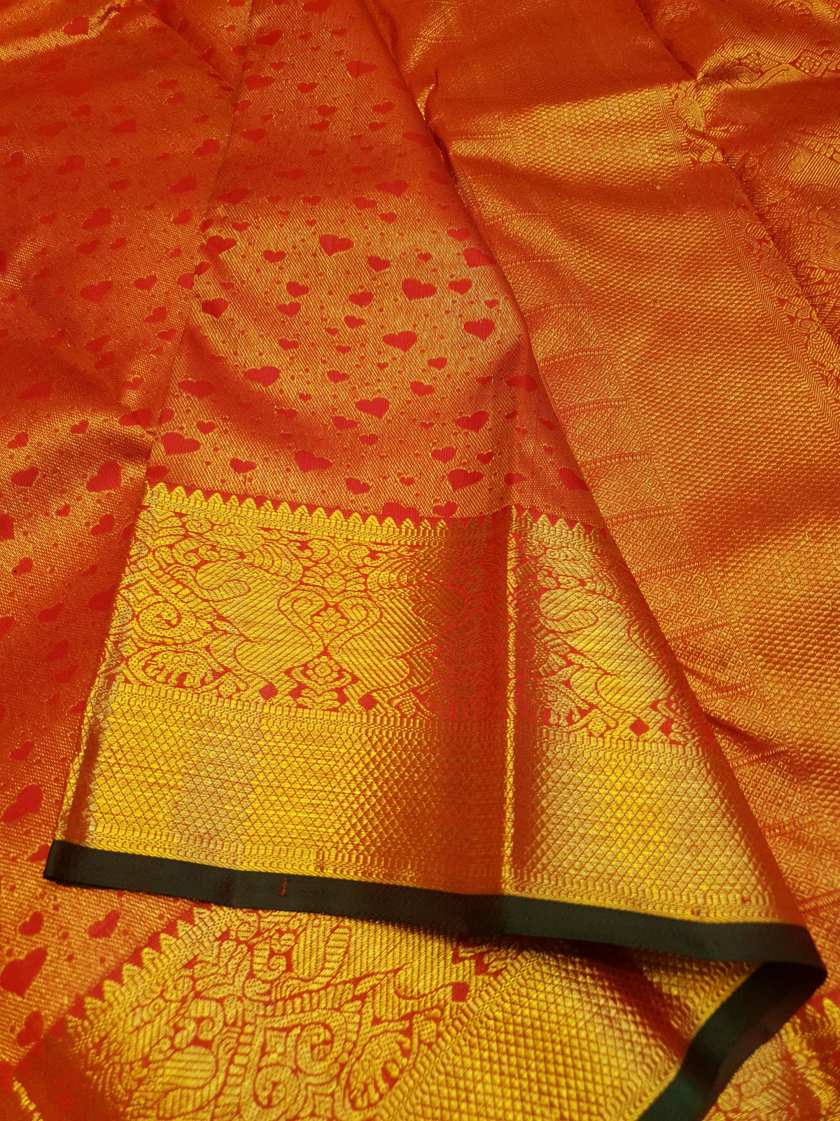 2G Pure Kanjivaram Silk Saree in Bright Orange with Heart Buttas & Rich Gold Zari Pallu | Silkmark Certified
