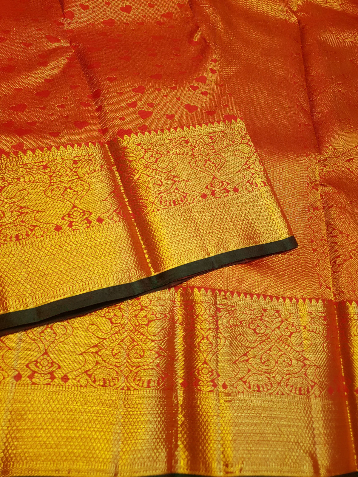 2G Pure Kanjivaram Silk Saree in Bright Orange with Heart Buttas & Rich Gold Zari Pallu | Silkmark Certified