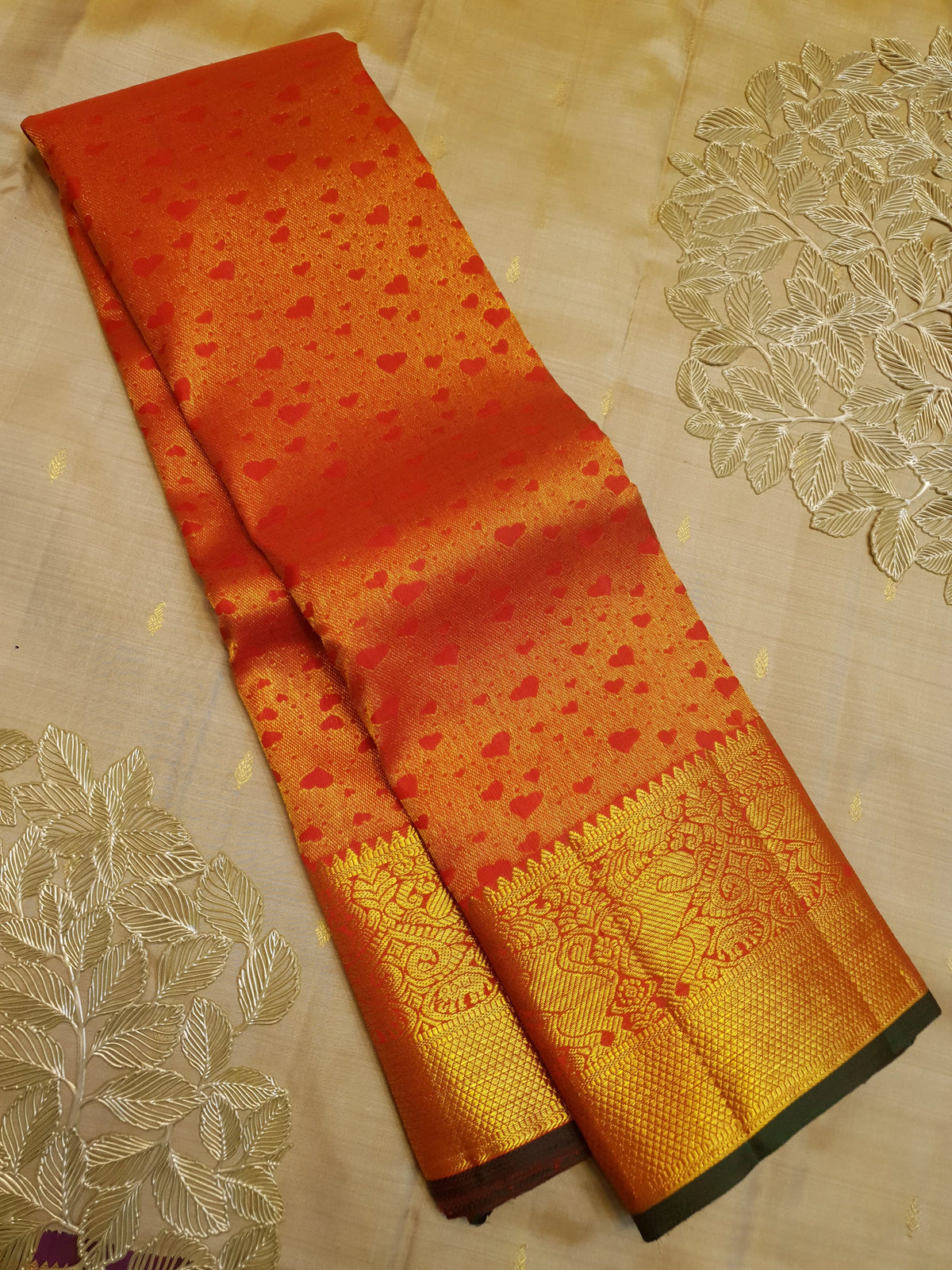 2G Pure Kanjivaram Silk Saree in Bright Orange with Heart Buttas & Rich Gold Zari Pallu | Silkmark Certified