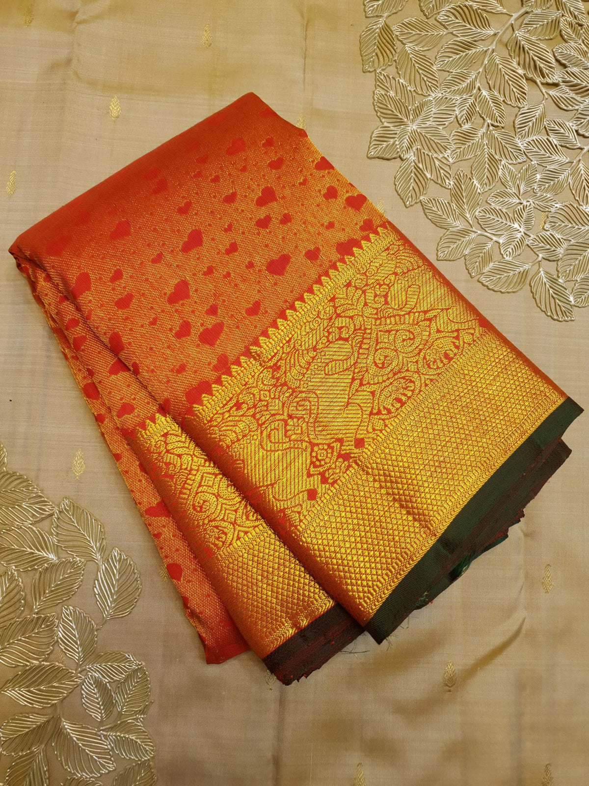 2G Pure Kanjivaram Silk Saree in Bright Orange with Heart Buttas & Rich Gold Zari Pallu | Silkmark Certified