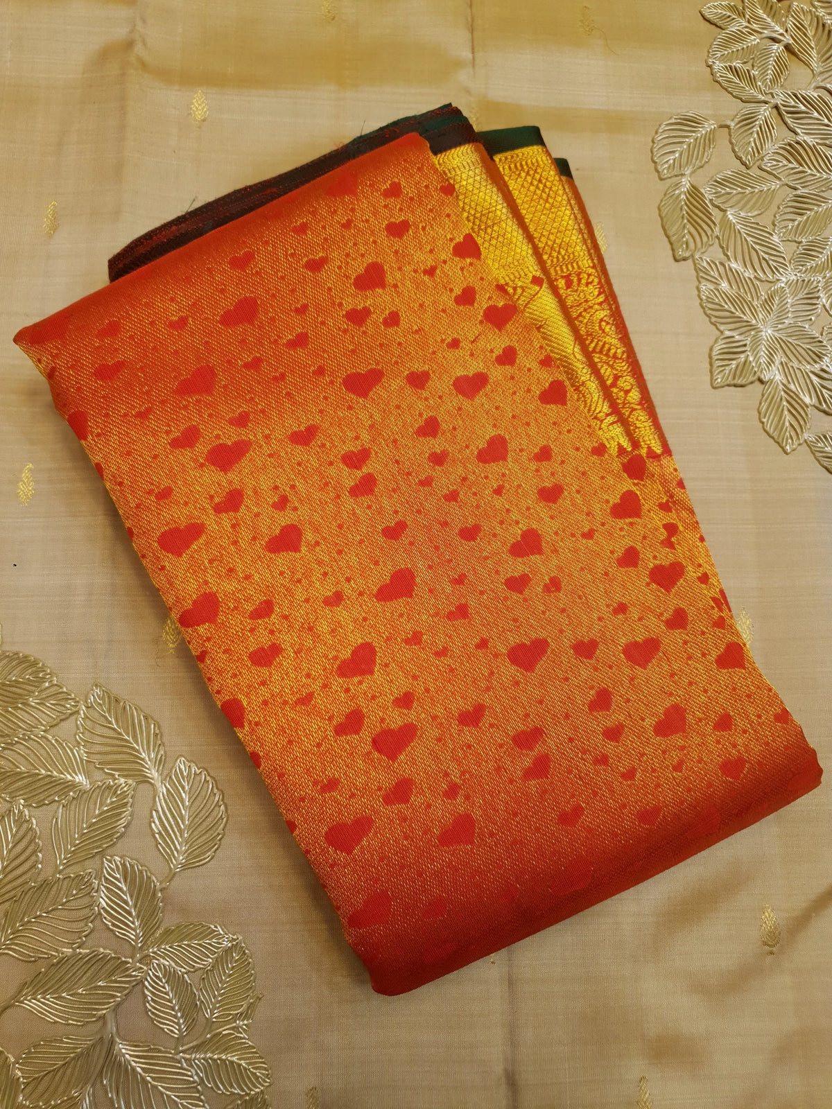 2G Pure Kanjivaram Silk Saree in Bright Orange with Heart Buttas & Rich Gold Zari Pallu | Silkmark Certified