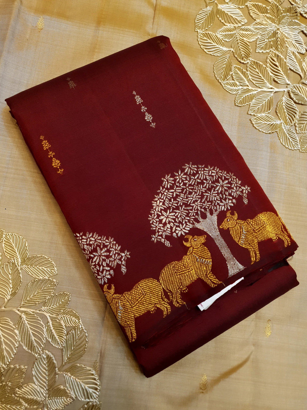 2G Pure Kanjivaram Silk Saree in Deep Maroon with Deer & Tree Zari Border | Silkmark Certified