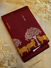 2G Pure Kanjivaram Silk Saree in Deep Maroon with Deer & Tree Zari Border | Silkmark Certified