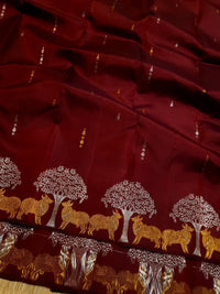 2G Pure Kanjivaram Silk Saree in Deep Maroon with Deer & Tree Zari Border | Silkmark Certified