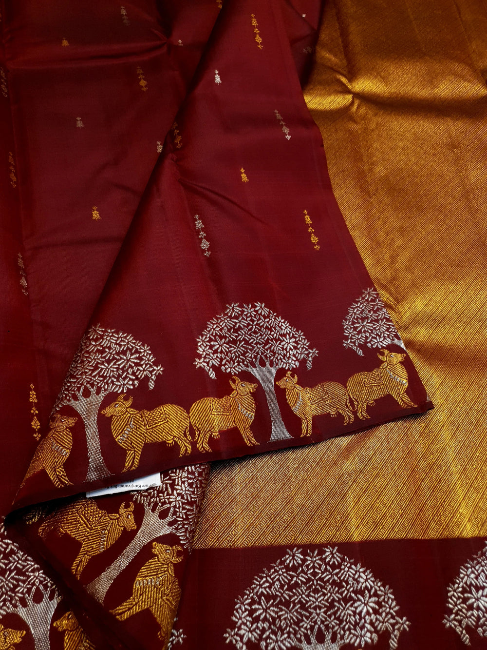 2G Pure Kanjivaram Silk Saree in Deep Maroon with Deer & Tree Zari Border | Silkmark Certified
