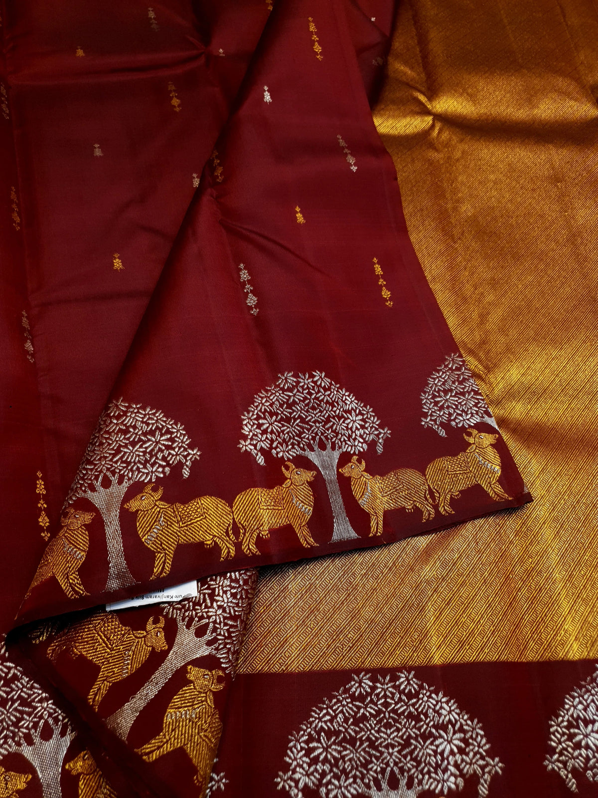 2G Pure Kanjivaram Silk Saree in Deep Maroon with Deer & Tree Zari Border | Silkmark Certified