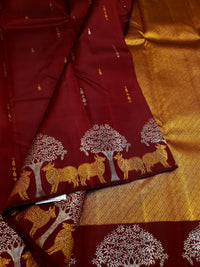 2G Pure Kanjivaram Silk Saree in Deep Maroon with Deer & Tree Zari Border | Silkmark Certified