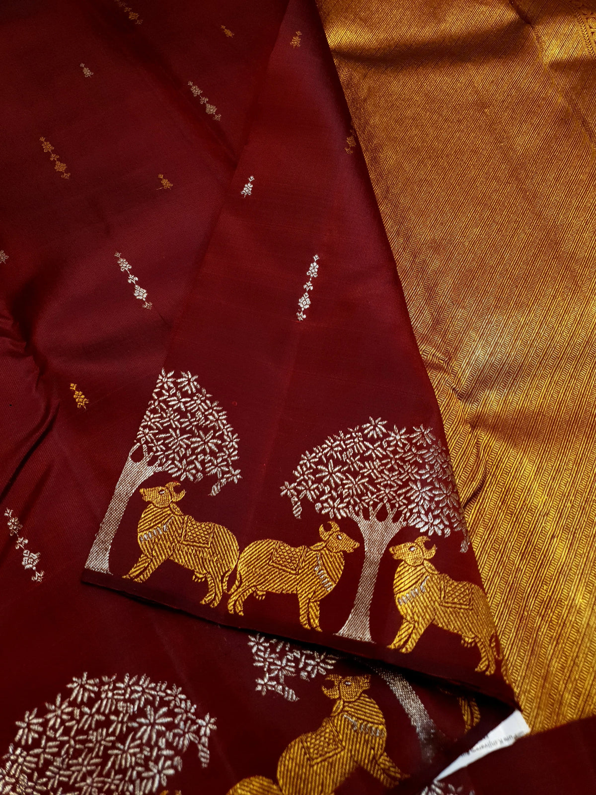 2G Pure Kanjivaram Silk Saree in Deep Maroon with Deer & Tree Zari Border | Silkmark Certified